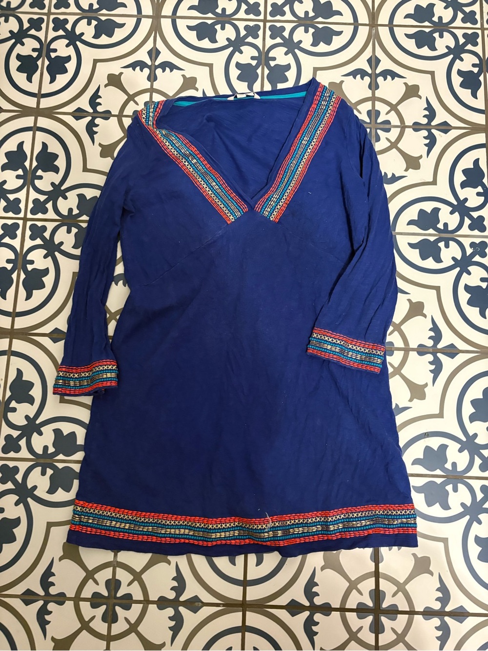 Boden Royal Blue V-Neck Embroidered Trim tunic